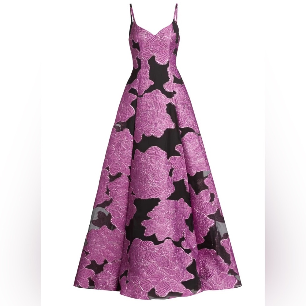 Monique Lhuillier Pink and Black Floral Jacquard Spaghetti-Strap Gown